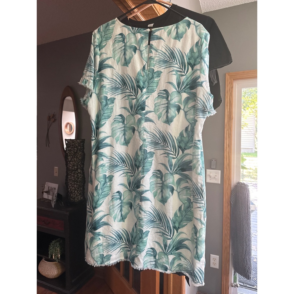 Tommy Bahama Womens Large Linen Tropical Palm Print Fringed Shift Dress Teal